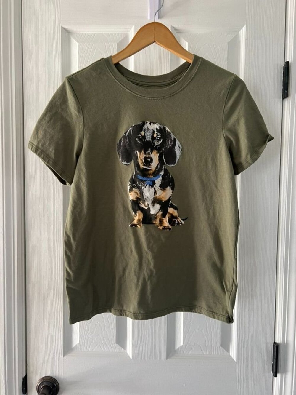 Zoe Liv Dachshund Dog Graphic Tee Womens Medium Olive Green Short Sleeve